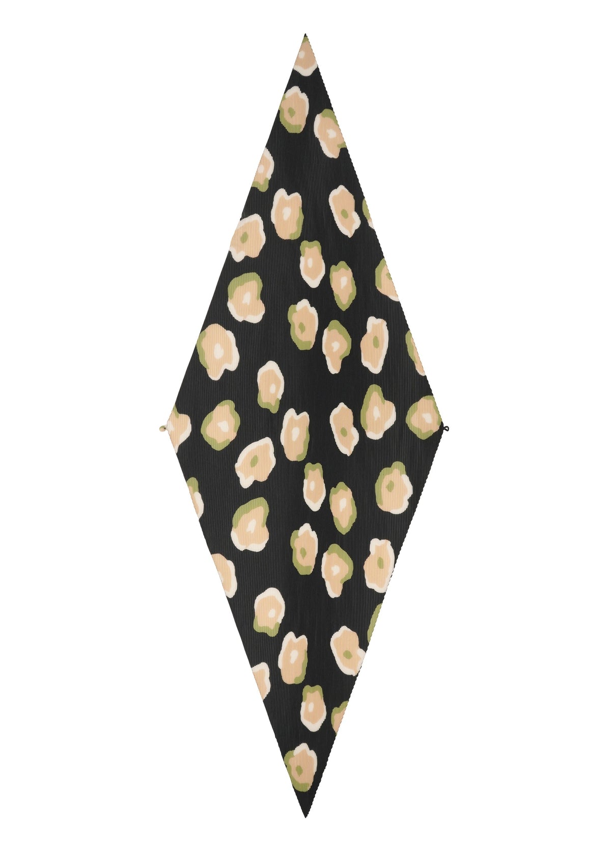 The VERVE PLEATS STOLE by ISSEY MIYAKE is a diamond-shaped black pleated stole adorned with evenly spaced pale peach hand-drawn floral prints, accented by green centers and leaves. view 4 of 7