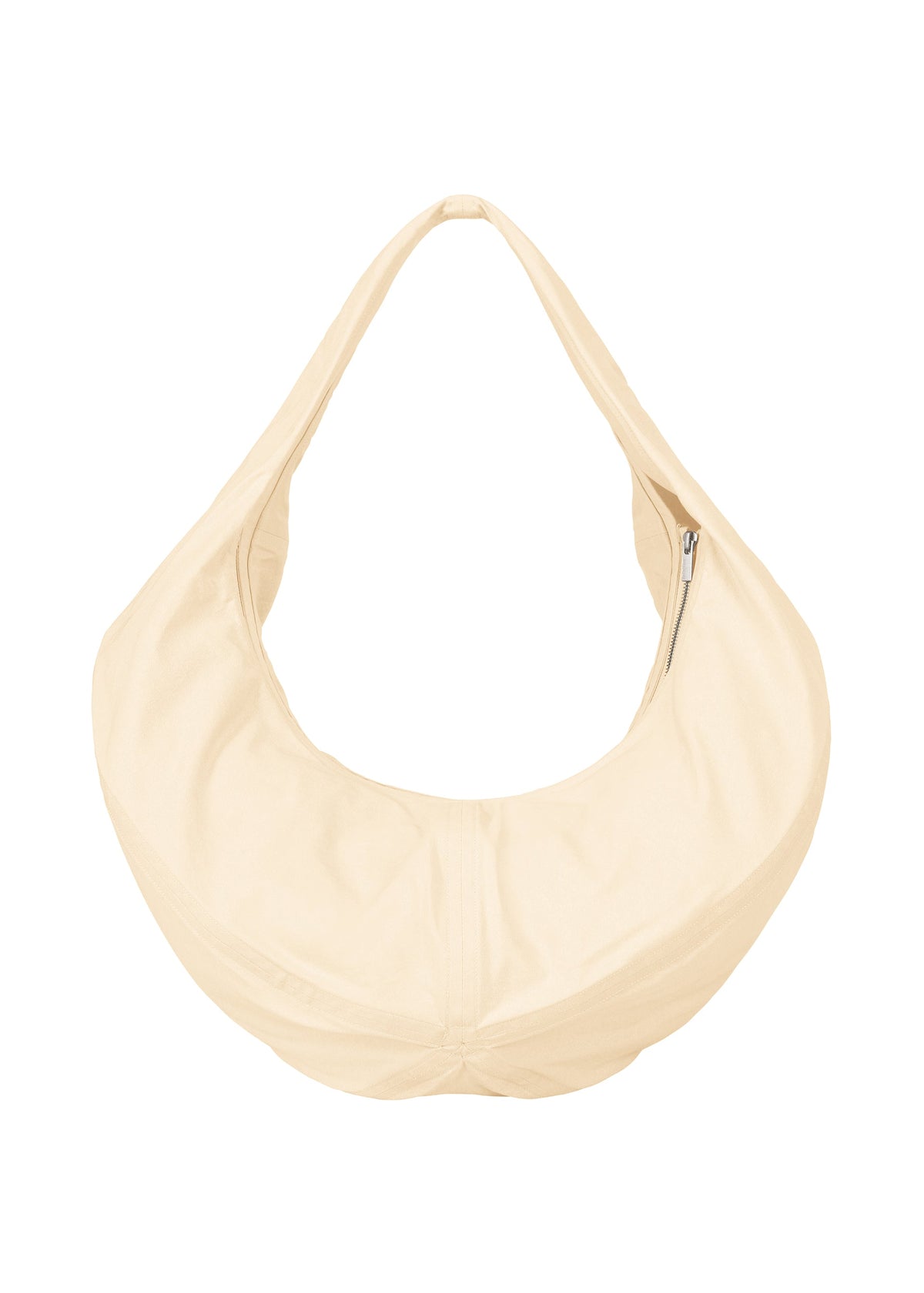 The ISSEY MIYAKE PAPER BALLOON 2 is a beige, crescent-shaped shoulder bag with a crinkled texture, a single wide strap, and a zipper pocket on one side, shown against a plain white background. view 2 of 6