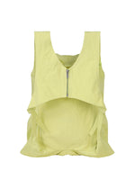 The ISSEY MIYAKE PAPER BALLOON 2 is a sleeveless, light yellow top featuring a high-low hem, side ties, front half-zipper, and lightweight washi-like crinkled fabric.