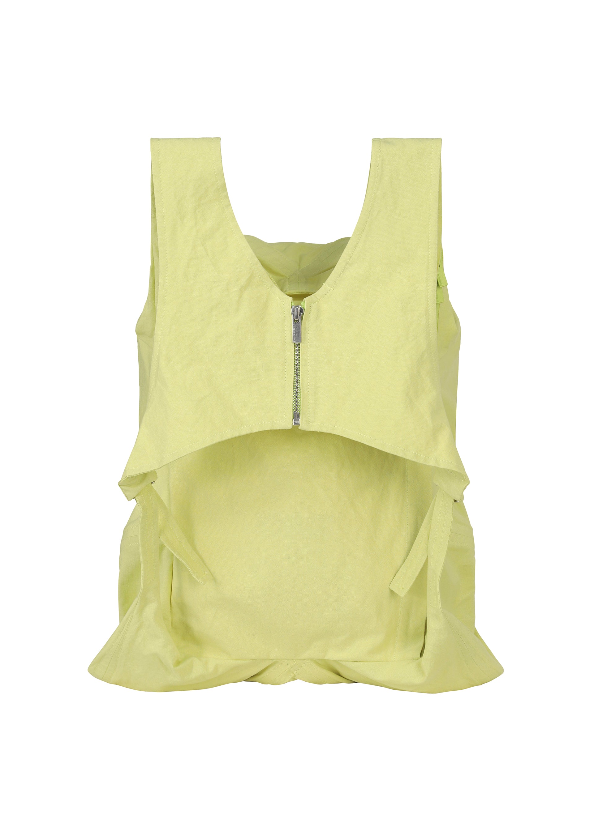 Zoomed view The ISSEY MIYAKE PAPER BALLOON 2 is a sleeveless, light yellow top featuring a high-low hem, side ties, front half-zipper, and lightweight washi-like crinkled fabric.