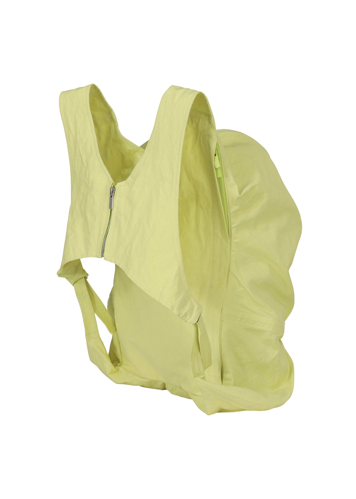 The ISSEY MIYAKE PAPER BALLOON 2 is a light yellow, soft unstructured backpack with a crinkled texture, upper back zipper, and adjustable straps. Photographed against a white background. view 4 of 10