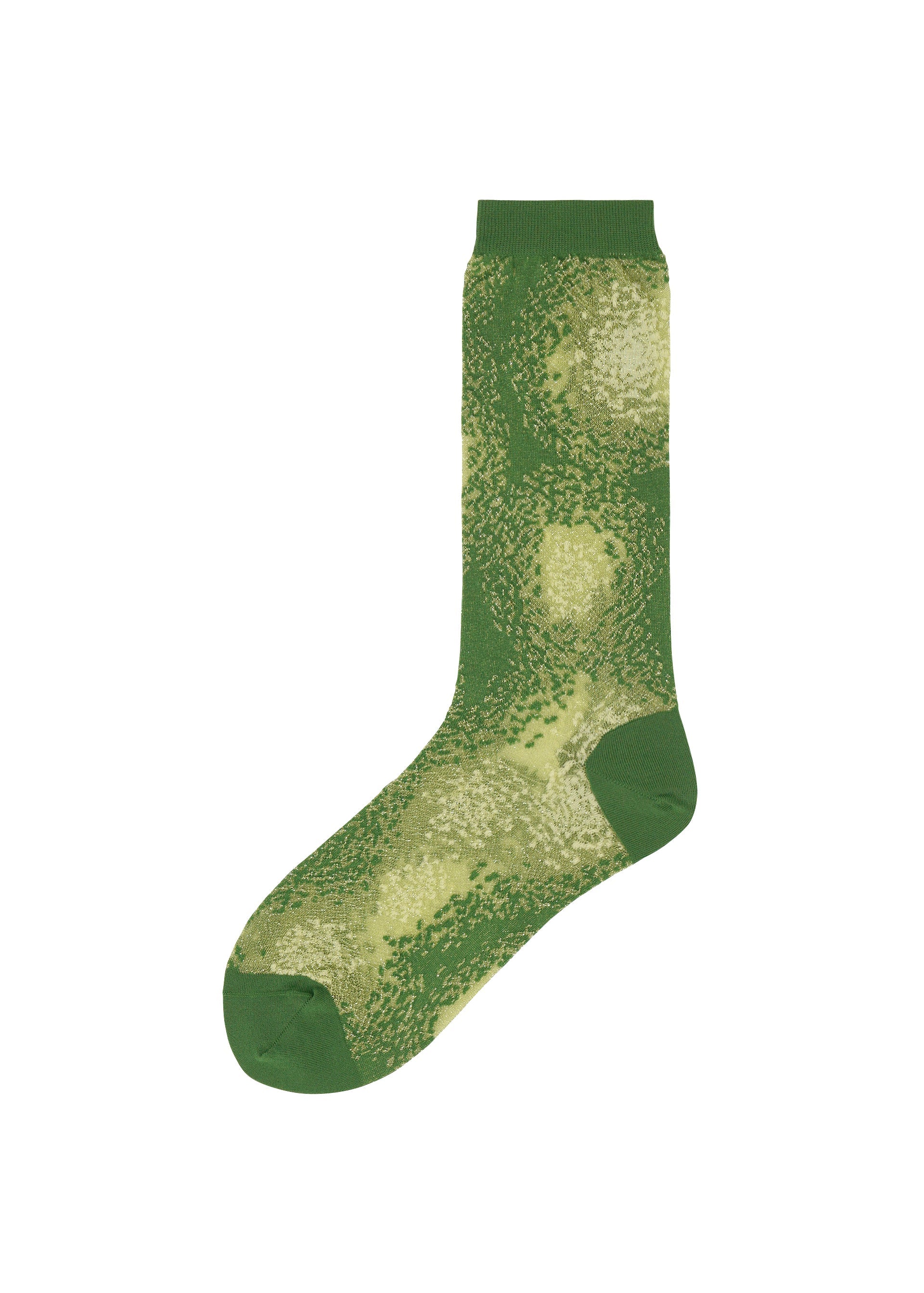 Zoomed view The OBSCURE SOCKS by ISSEY MIYAKE features a single green patterned sock with textured green and yellow shades, accented by subtle lamé threads, shown against a plain white background. - GREEN-HUED (no.66)