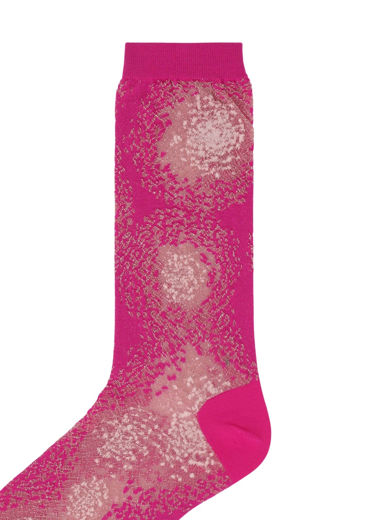 The OBSCURE SOCKS by ISSEY MIYAKE feature a bright pink, semi-sheer mesh with lighter pink, circular snowflake patterns and solid pink toe, heel, and cuff—reminiscent of frosted glass. view 4 of 4