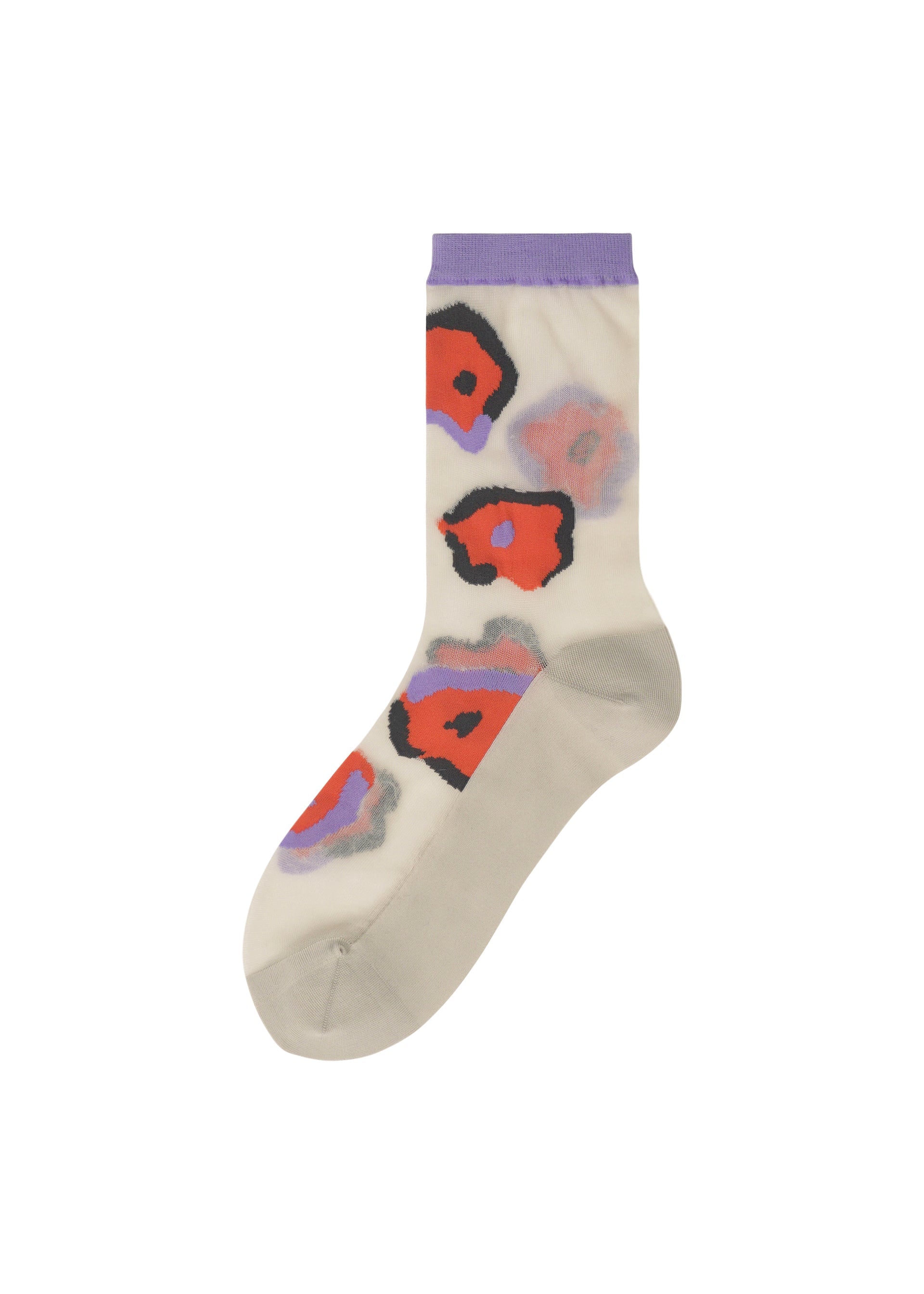 Zoomed view The ISSEY MIYAKE VERVE SOCKS feature a single translucent design with a light beige foot, lavender cuff, and abstract red, black, and purple floral patterns on the ankle and top of the foot. - BEIGE-HUED （no.46）