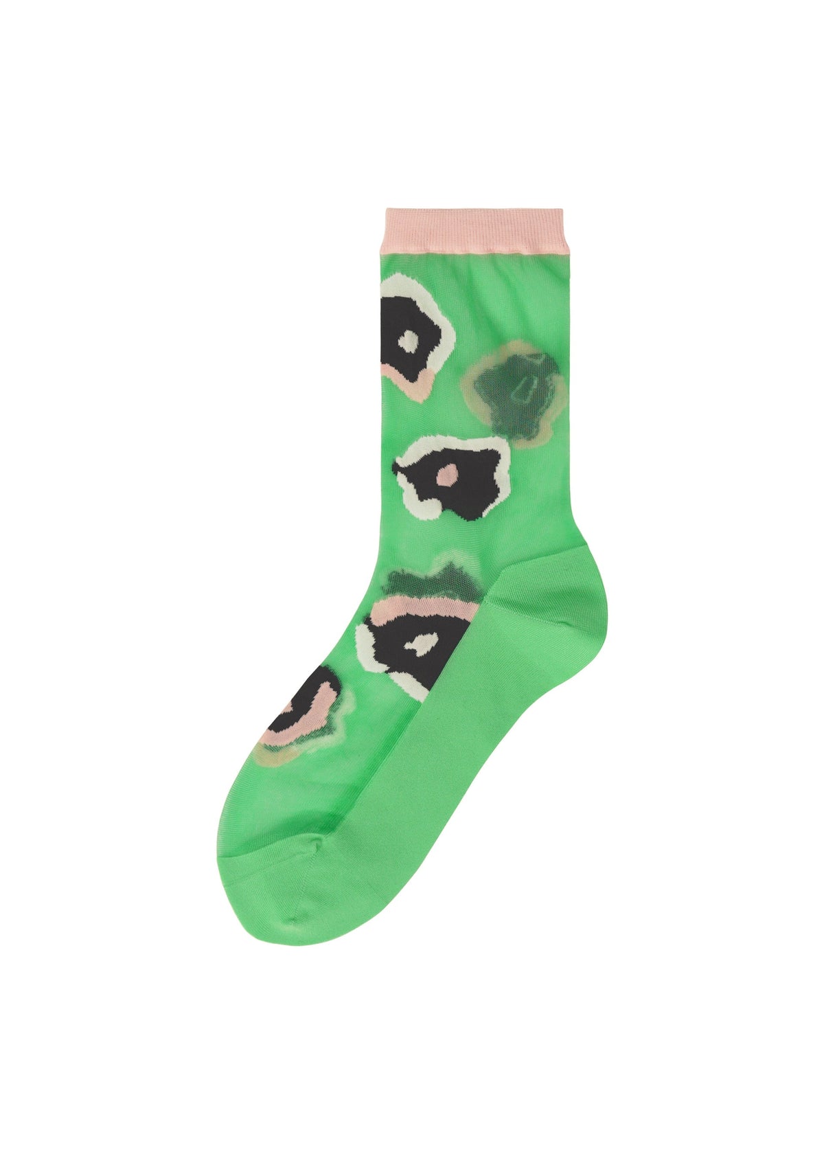 The VERVE SOCKS by ISSEY MIYAKE feature green fabric with black, beige, and brown abstract spots and a light pink cuff—ideal for those who love unique, hand-drawn floral socks with an artistic flair. view 3 of 4