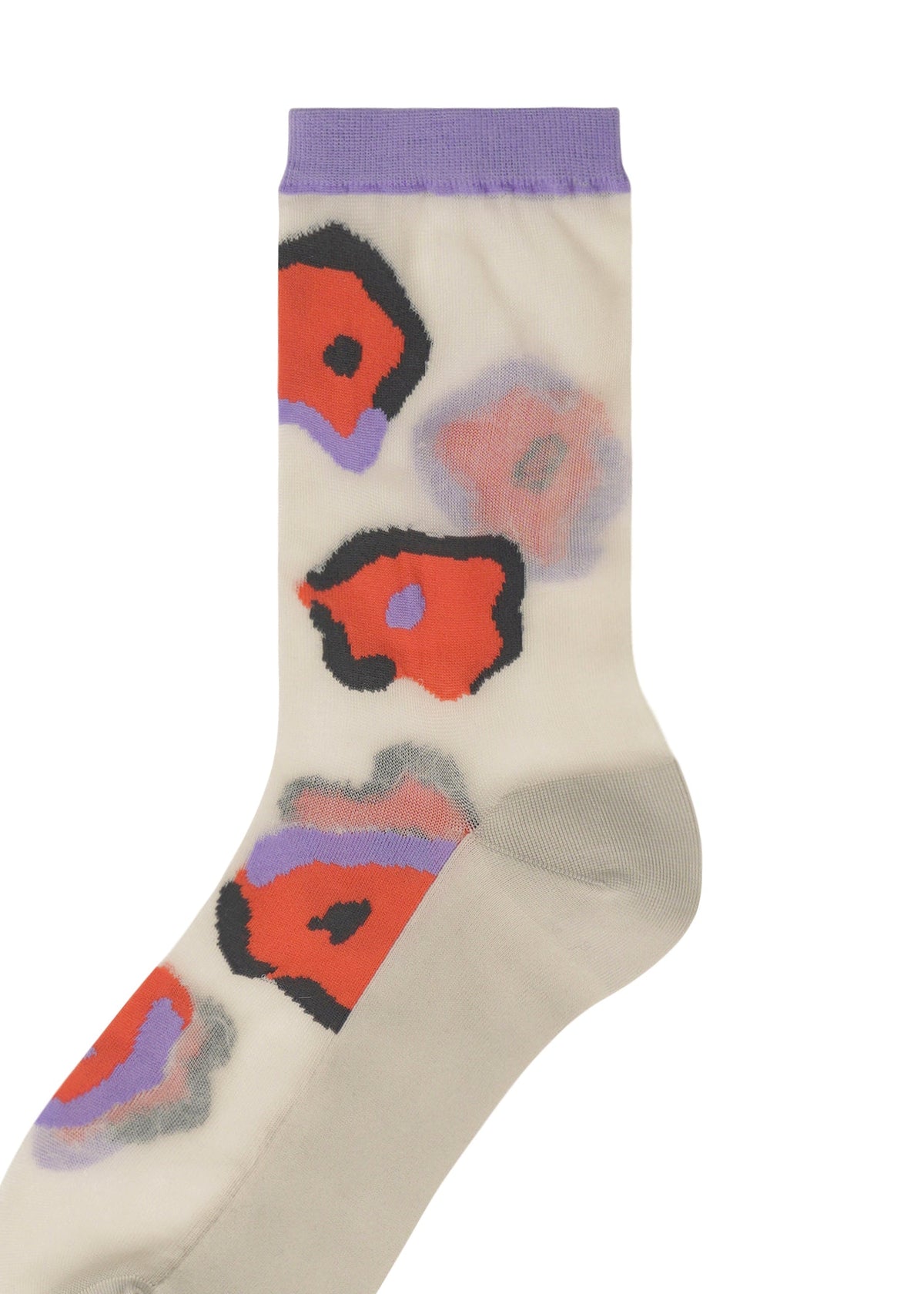 The ISSEY MIYAKE VERVE SOCKS are sheer beige with hand-drawn red, black, lavender, and gray floral designs and a purple cuff, perfect for adding artistic flair to any outfit. view 4 of 4
