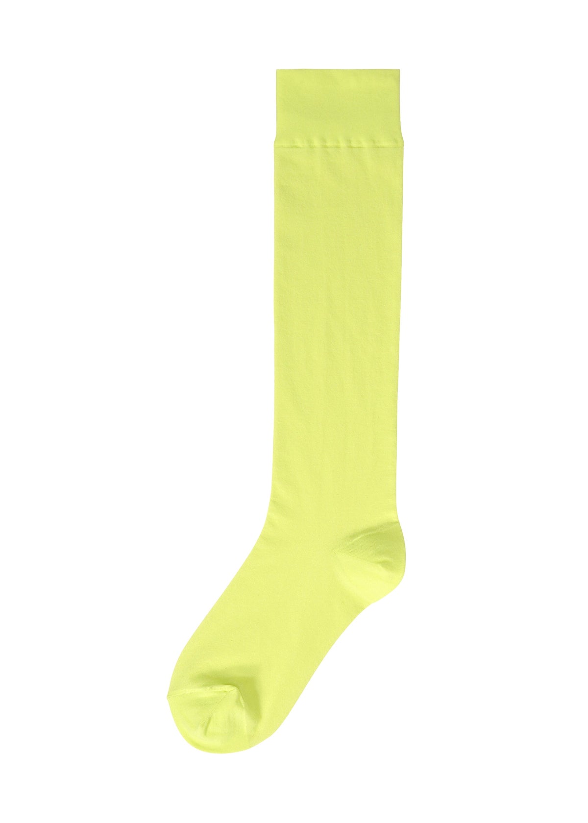 The ISSEY MIYAKE SHEER SOCKS are showcased in bright yellow, knee-high and plain, against a white background, reflecting minimalist elegance. view 2 of 8