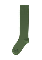 A single SHEER SOCK from ISSEY MIYAKE in plain green is shown against a white background. The long sock reaches the calf and features a simple, unadorned design with no visible branding. - DARK GREEN （no.63）