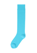 A single bright blue SHEER SOCK by ISSEY MIYAKE is shown on a white background. This knee-high sock features a smooth, snug fit with no visible patterns or logos, providing a clean, modern appearance. - MACAW BLUE （no.70）
