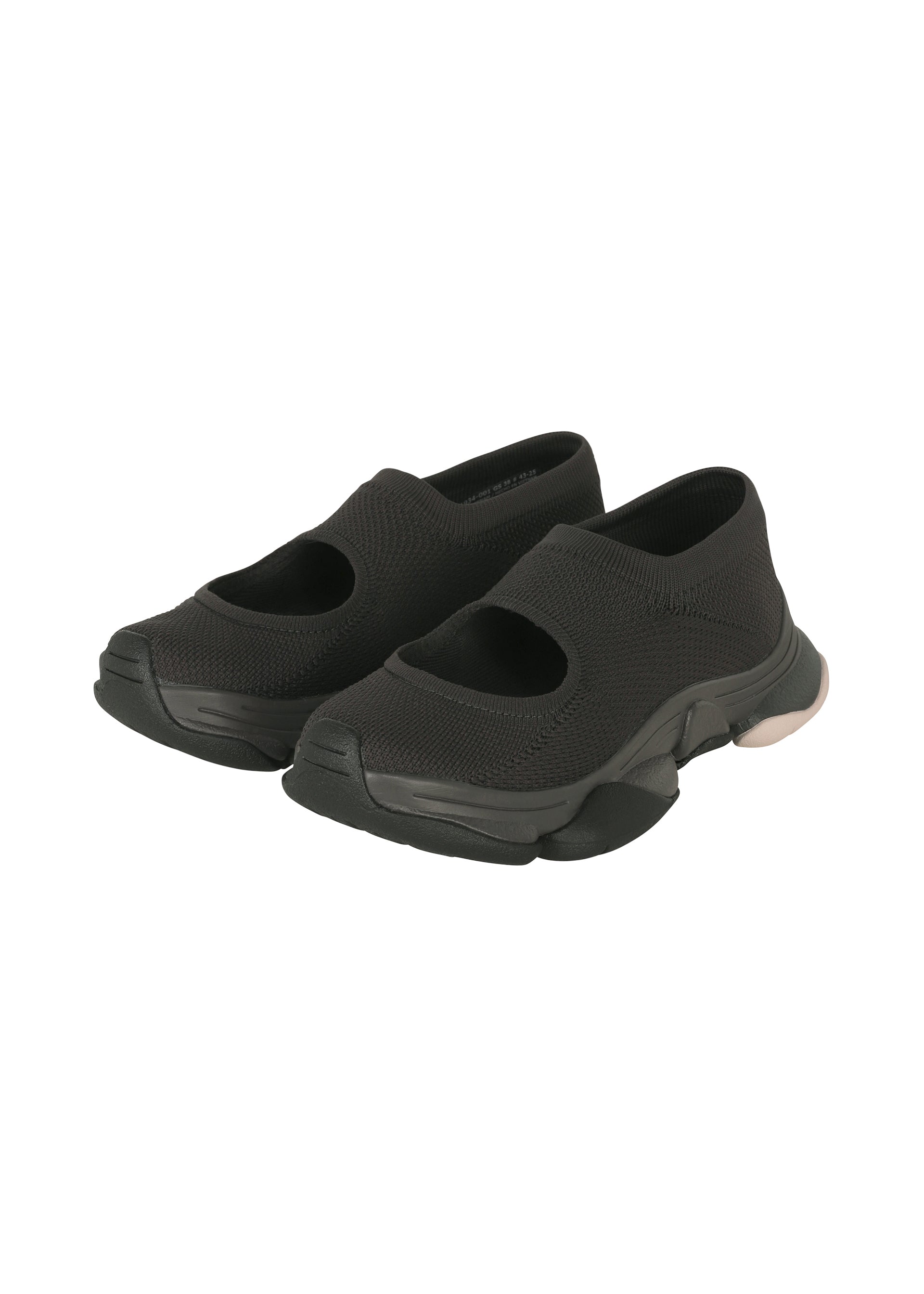 Zoomed view A pair of black KARST FINCH sneakers by ISSEY MIYAKE, featuring thick soles and wide cut-out openings on top, displayed on a white background—perfect lightweight sneakers for everyday comfort. - BLACK