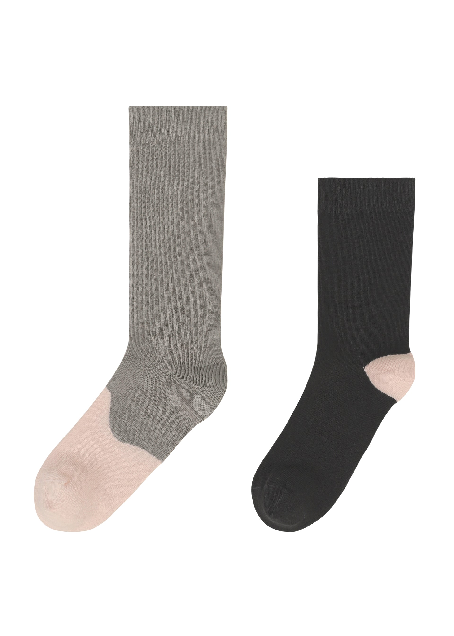 Zoomed view Two crew-length socks—one gray with light pink toe and heel, the other black with light pink accents—pair perfectly with ISSEY MIYAKE’s KARST FINCH sneakers or any colorful footwear.