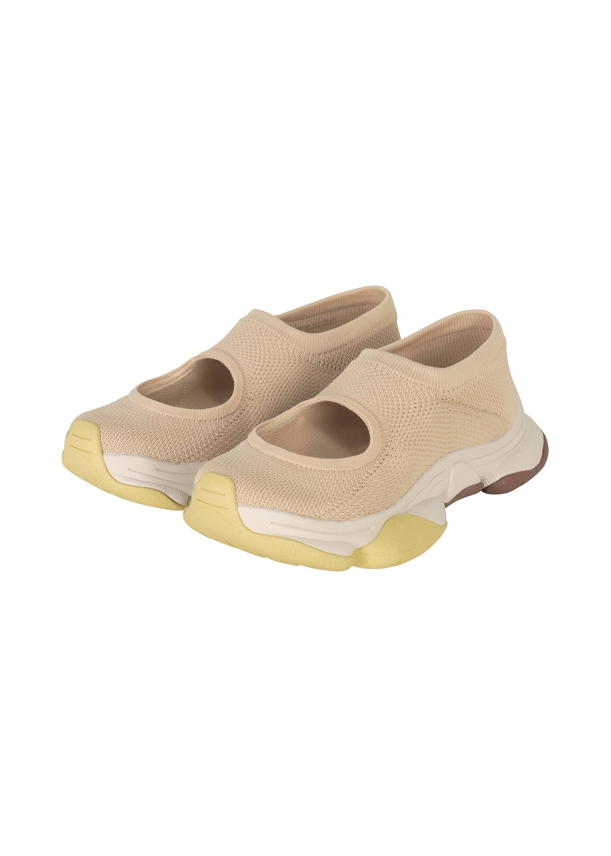 A pair of beige ISSEY MIYAKE KARST FINCH sneakers with a chunky sole, round cutout on top, mesh knit upper, white soles with yellow accents at the front, and light brown at the back. view 5 of 18