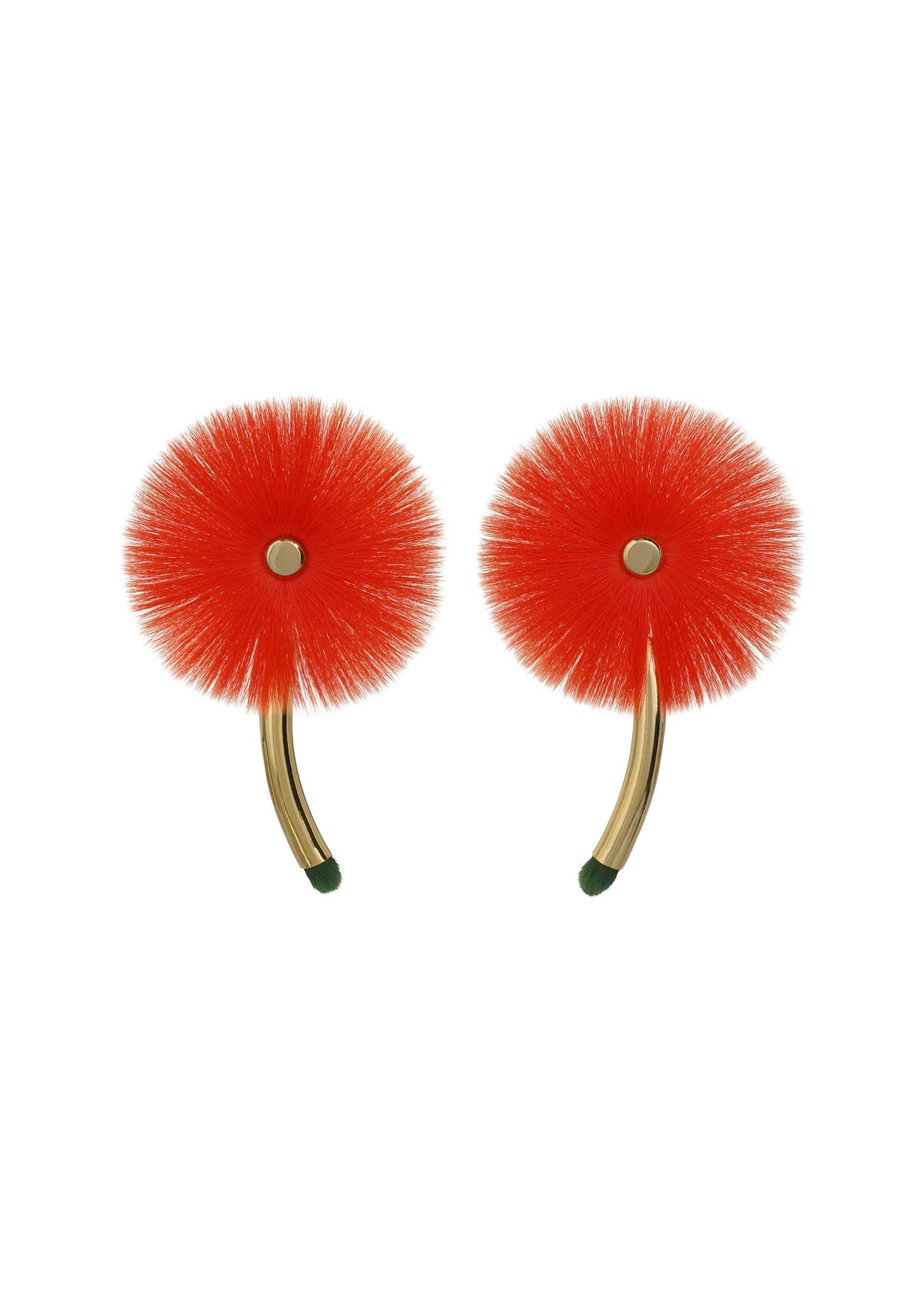 The ENGINEERED FLOWER ACC earrings by ISSEY MIYAKE feature vibrant red, fluffy circles with gold curved stems and green tips, resembling abstract flowers and inspired by the charm of traditional Japanese jewelry. view 1 of 9