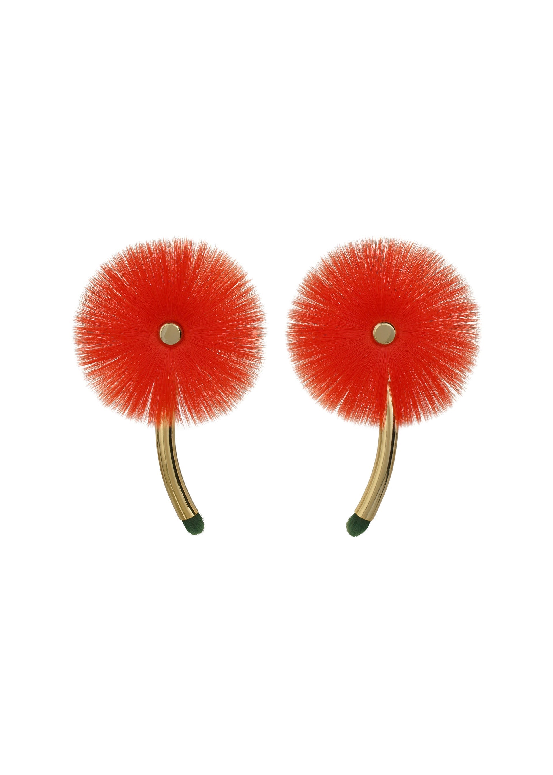 Zoomed view The ENGINEERED FLOWER ACC earrings by ISSEY MIYAKE feature vibrant red, fluffy circles with gold curved stems and green tips, resembling abstract flowers and inspired by the charm of traditional Japanese jewelry. - MACAW RED （no.28）