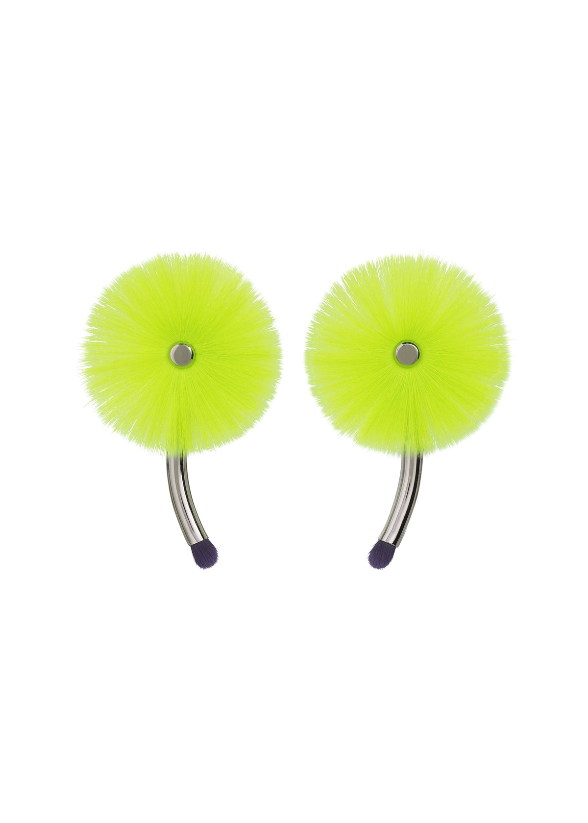Two round, bright yellow-green brushes with soft bristles and curved metallic handles, each ending in a small dark tip—these ISSEY MIYAKE ENGINEERED FLOWER ACC earrings are displayed on a white background. view 2 of 9