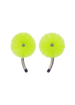 Two round, bright yellow-green brushes with soft bristles and curved metallic handles, each ending in a small dark tip—these ISSEY MIYAKE ENGINEERED FLOWER ACC earrings are displayed on a white background. - LIME GREEN （no.60）