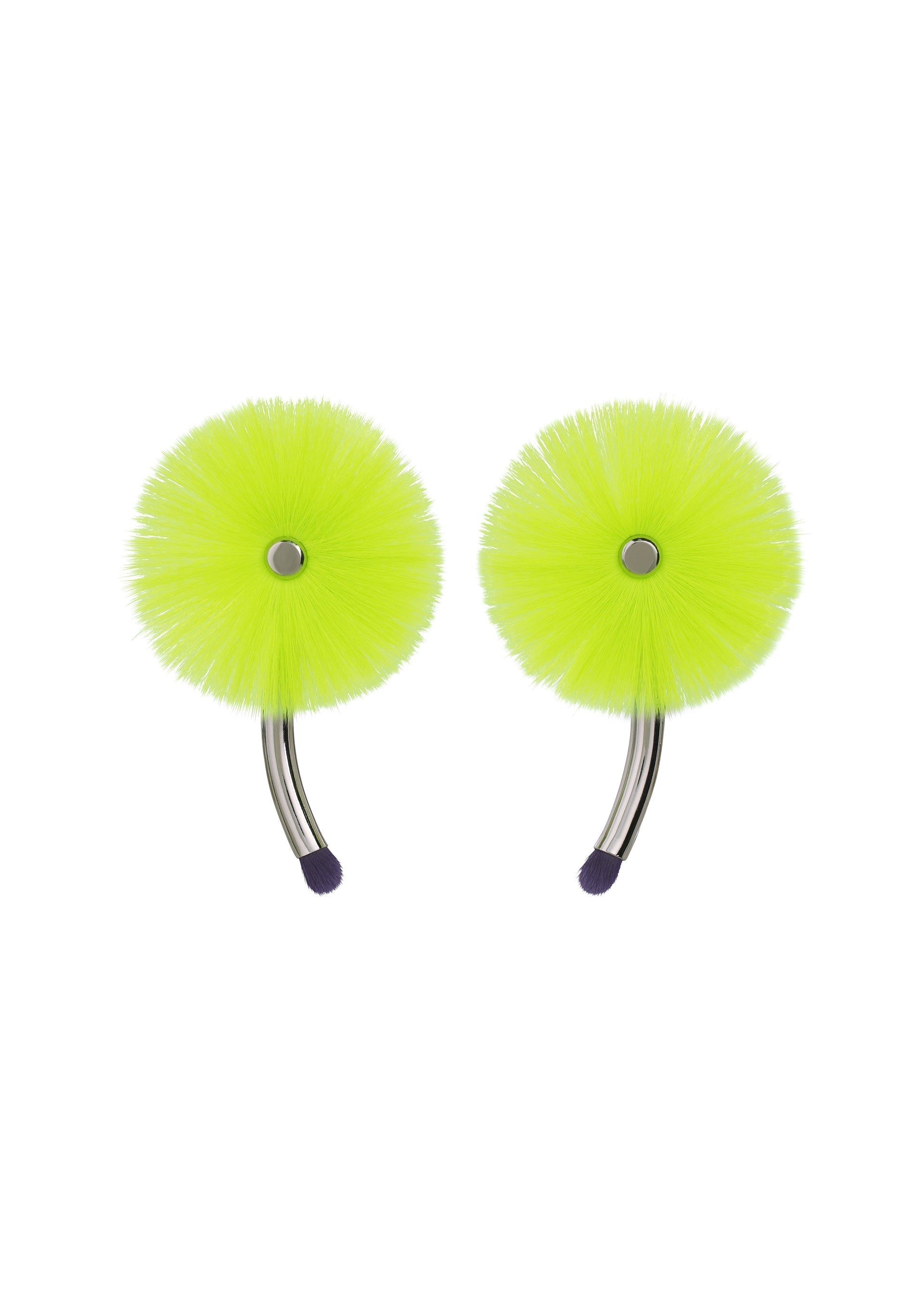 Zoomed view Two round, bright yellow-green brushes with soft bristles and curved metallic handles, each ending in a small dark tip—these ISSEY MIYAKE ENGINEERED FLOWER ACC earrings are displayed on a white background. - LIME GREEN （no.60）