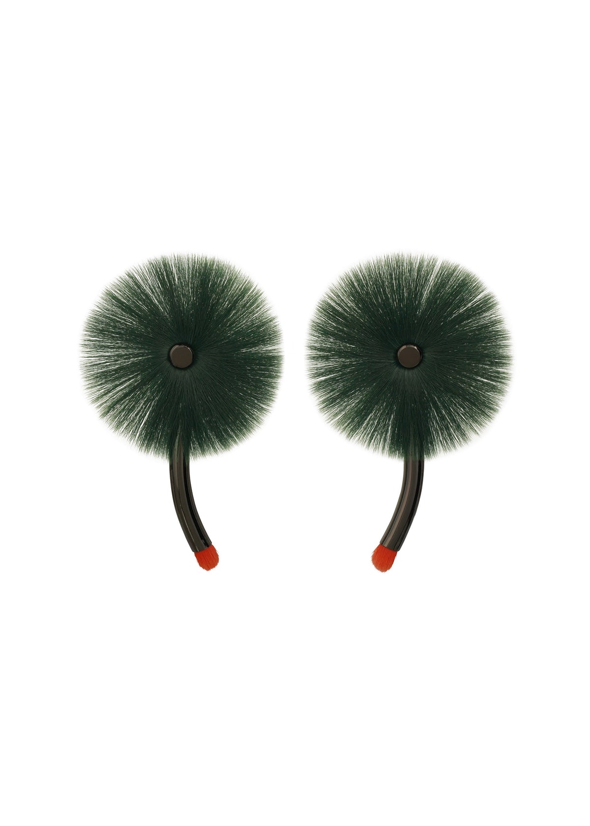 A pair of ISSEY MIYAKE ENGINEERED FLOWER ACC earrings featuring abstract green bristle brush shapes with black centers, curved black stems, and small red tips. view 3 of 9