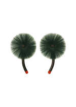 A pair of ISSEY MIYAKE ENGINEERED FLOWER ACC earrings featuring abstract green bristle brush shapes with black centers, curved black stems, and small red tips. - DARK GREEN （no.63）