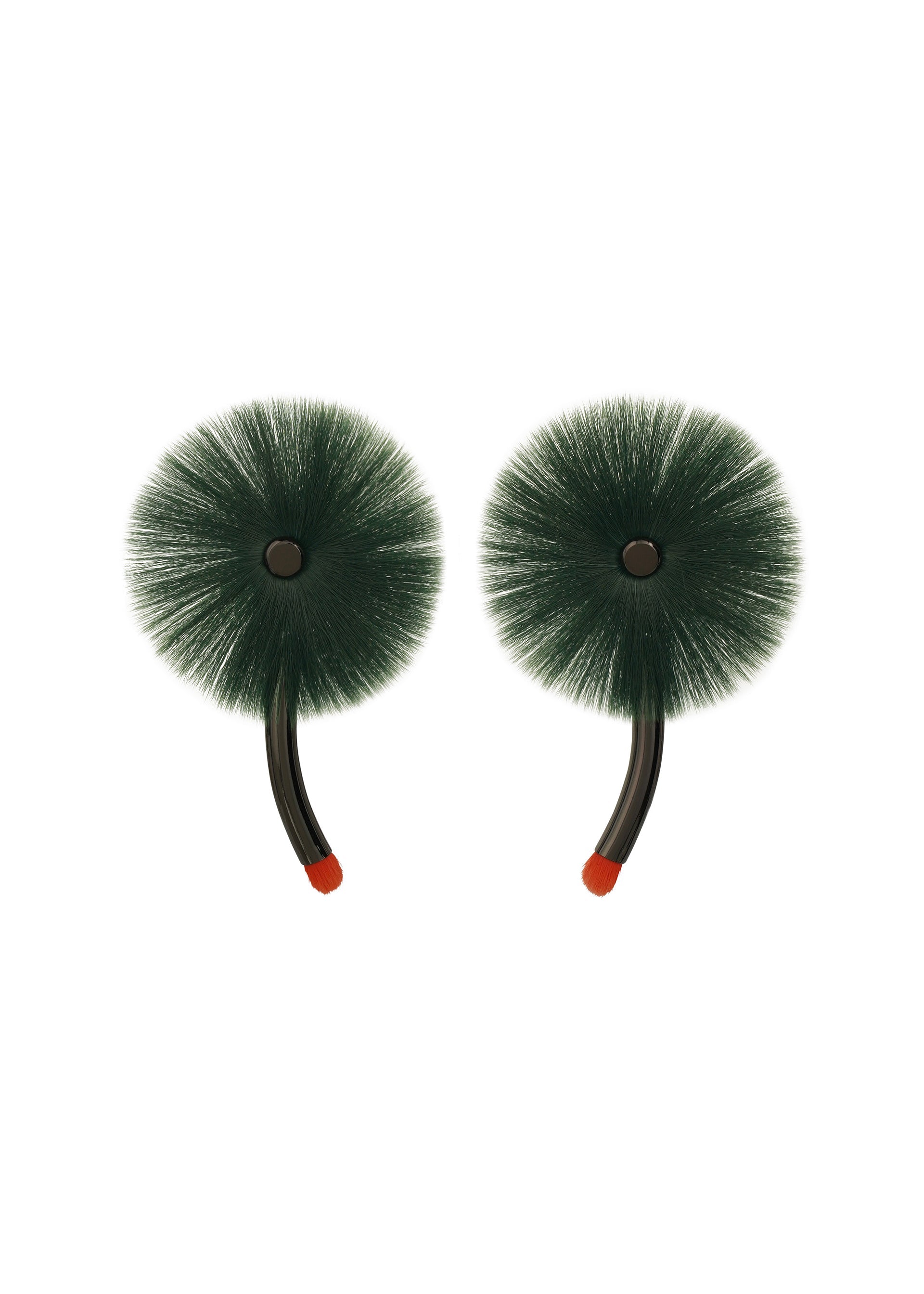 Zoomed view A pair of ISSEY MIYAKE ENGINEERED FLOWER ACC earrings featuring abstract green bristle brush shapes with black centers, curved black stems, and small red tips. - DARK GREEN （no.63）