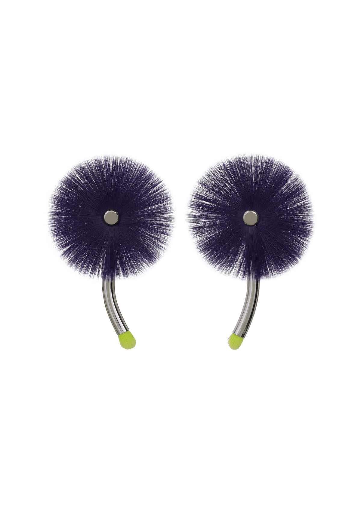 The ENGINEERED FLOWER ACC earrings by ISSEY MIYAKE are inspired by traditional Japanese jewelry, featuring large round purple pom-poms on curved silver hooks finished with neon green tips. view 4 of 9