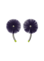 The ENGINEERED FLOWER ACC earrings by ISSEY MIYAKE are inspired by traditional Japanese jewelry, featuring large round purple pom-poms on curved silver hooks finished with neon green tips. - DARK PURPLE （no.82）