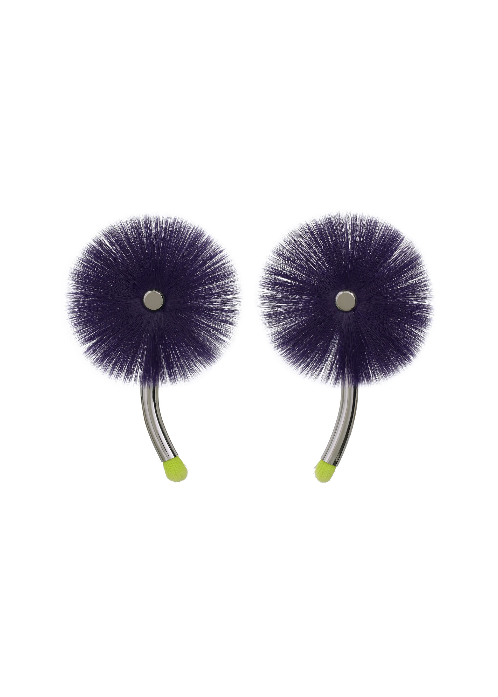 Zoomed view The ENGINEERED FLOWER ACC earrings by ISSEY MIYAKE are inspired by traditional Japanese jewelry, featuring large round purple pom-poms on curved silver hooks finished with neon green tips. - DARK PURPLE （no.82）