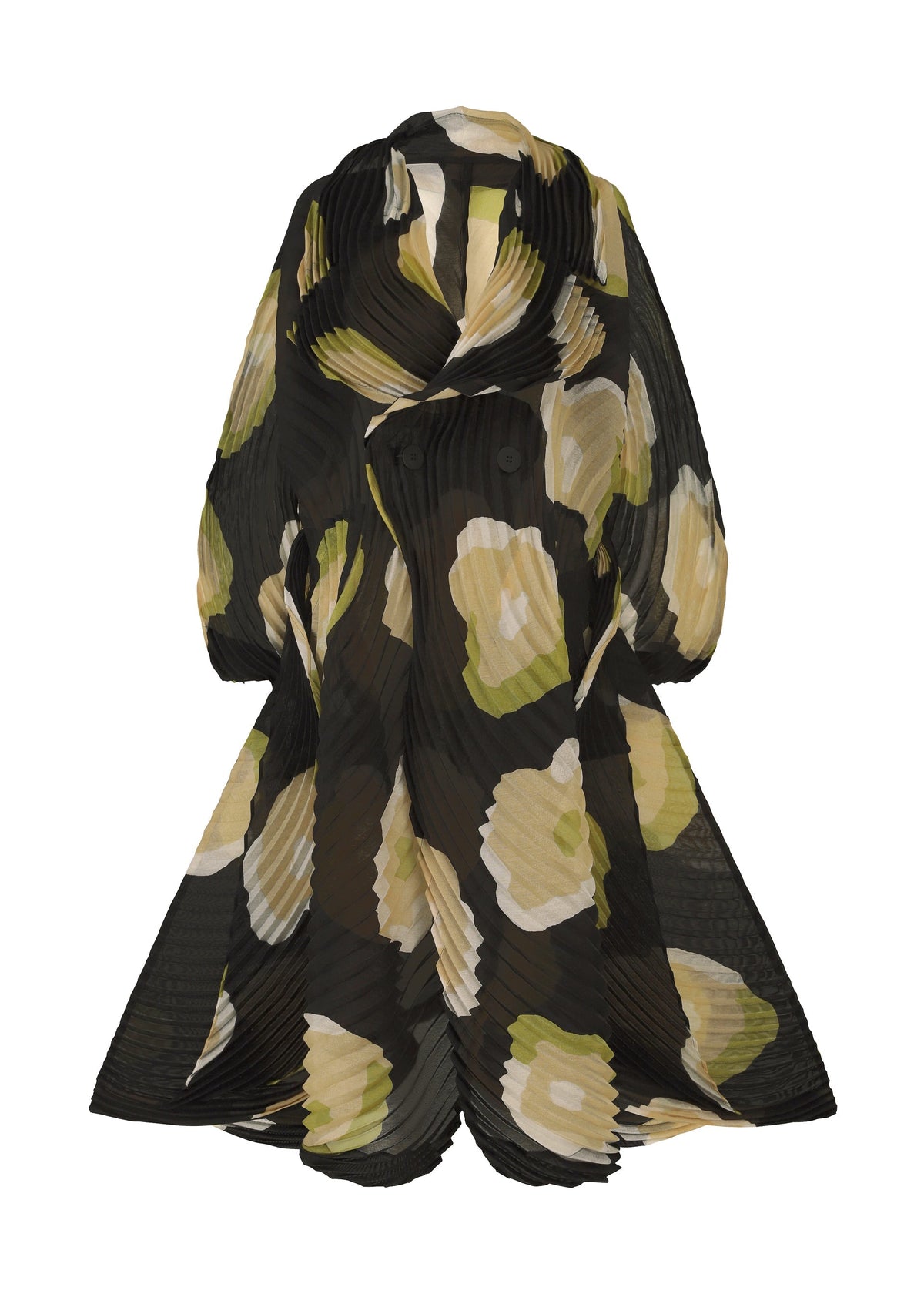 The VERVE coat by ISSEY MIYAKE features handmade pleats, oversized beige and green hand-drawn floral patterns, voluminous sleeves, and a flowing silhouette. view 1 of 9