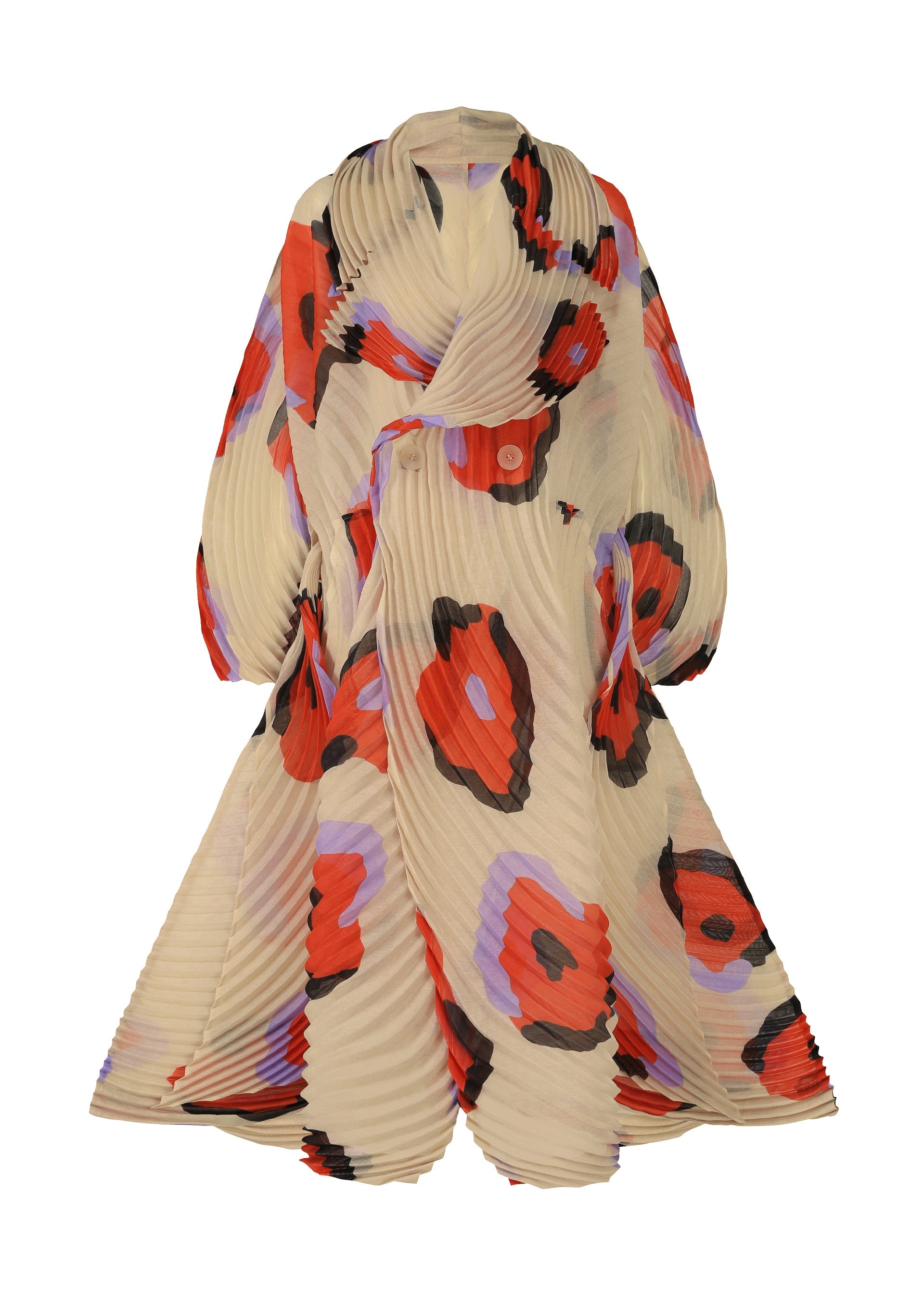 Zoomed view The VERVE coat by ISSEY MIYAKE is a handmade, beige pleated piece with bold red, black, and purple abstract florals. It features wide sleeves, a layered silhouette, and textured wavy lines for a striking statement look. - BEIGE-HUED （no.46）