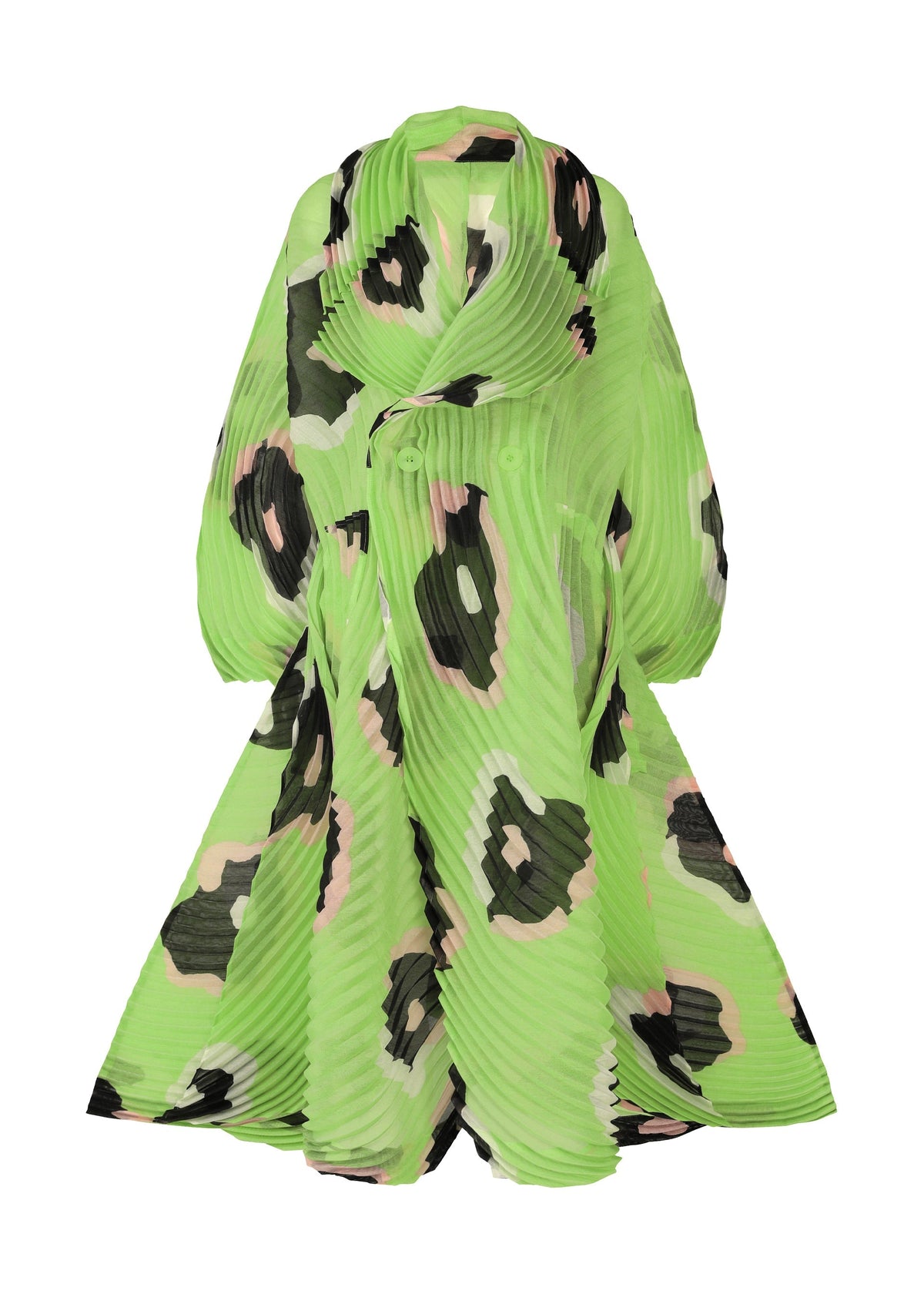 VERVE by ISSEY MIYAKE is a long pleated coat in bold lime green, showcasing irregular black and beige animal prints, hand-drawn florals, a wide collar, and a voluminous silhouette with exquisite handmade pleats. view 3 of 9