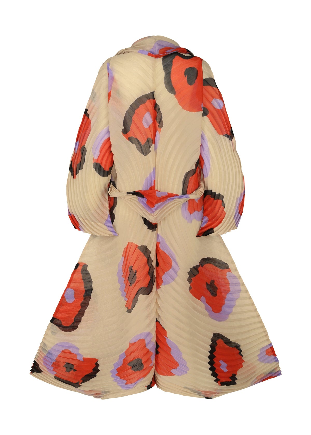 The VERVE jumpsuit by ISSEY MIYAKE features handmade pleats, bold red, black, and purple hand-drawn florals on beige semi-sheer textured fabric, with wide legs and long sleeves. view 4 of 9