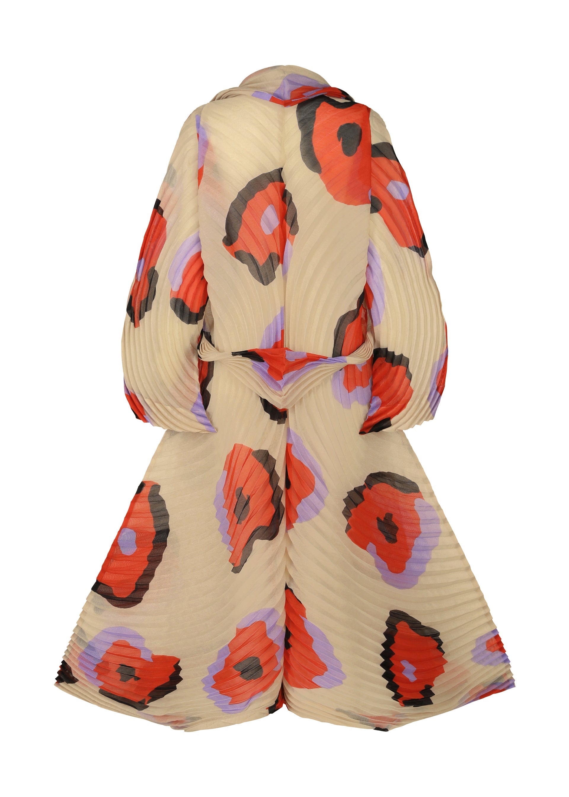 Zoomed view The VERVE jumpsuit by ISSEY MIYAKE features handmade pleats, bold red, black, and purple hand-drawn florals on beige semi-sheer textured fabric, with wide legs and long sleeves.