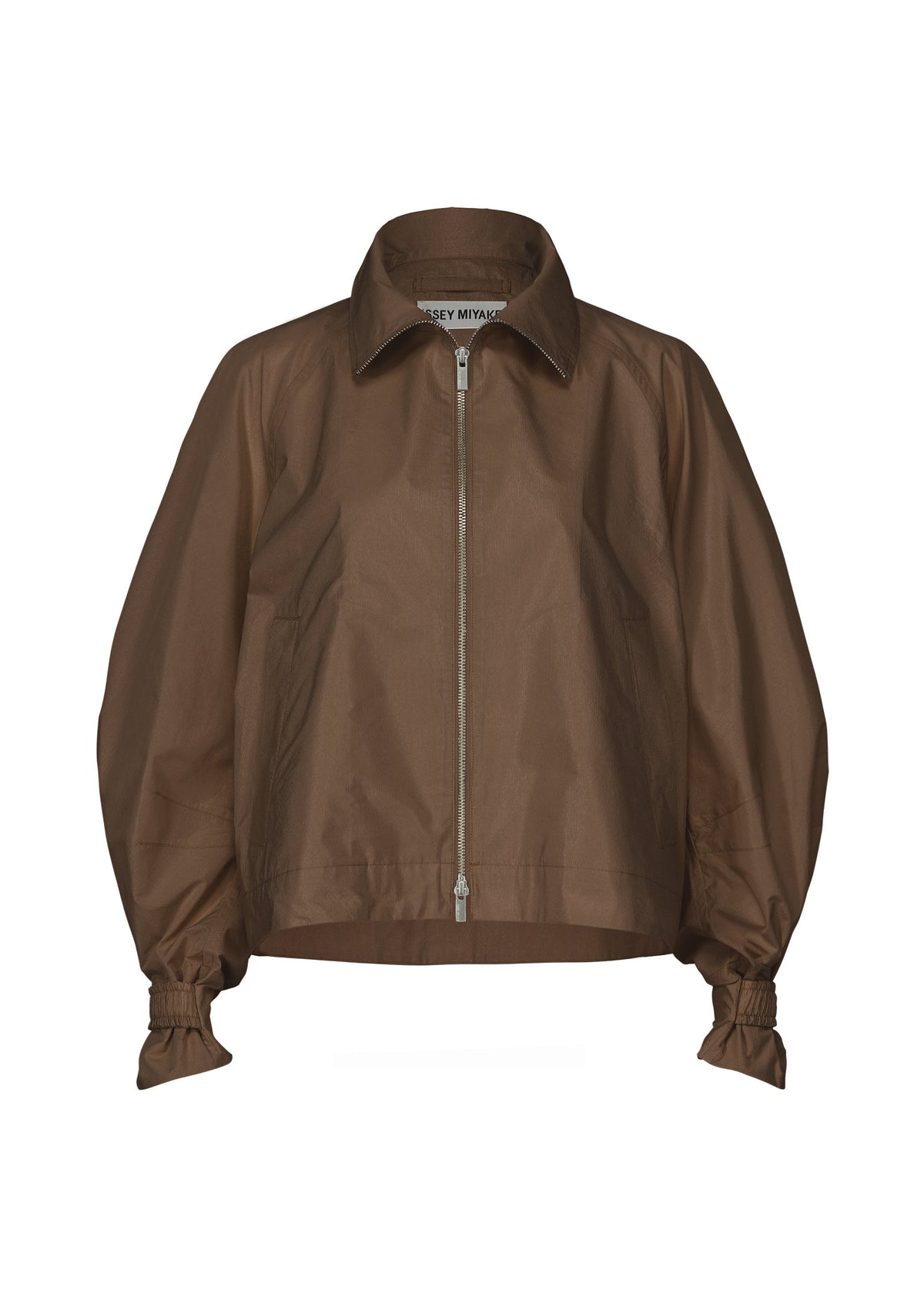 The AKIMBO by ISSEY MIYAKE is a brown, long-sleeve collared jacket with a front zipper, gathered cuffs, a slightly loose fit, and elegant sheen from its blend of natural and synthetic fibers. view 3 of 6
