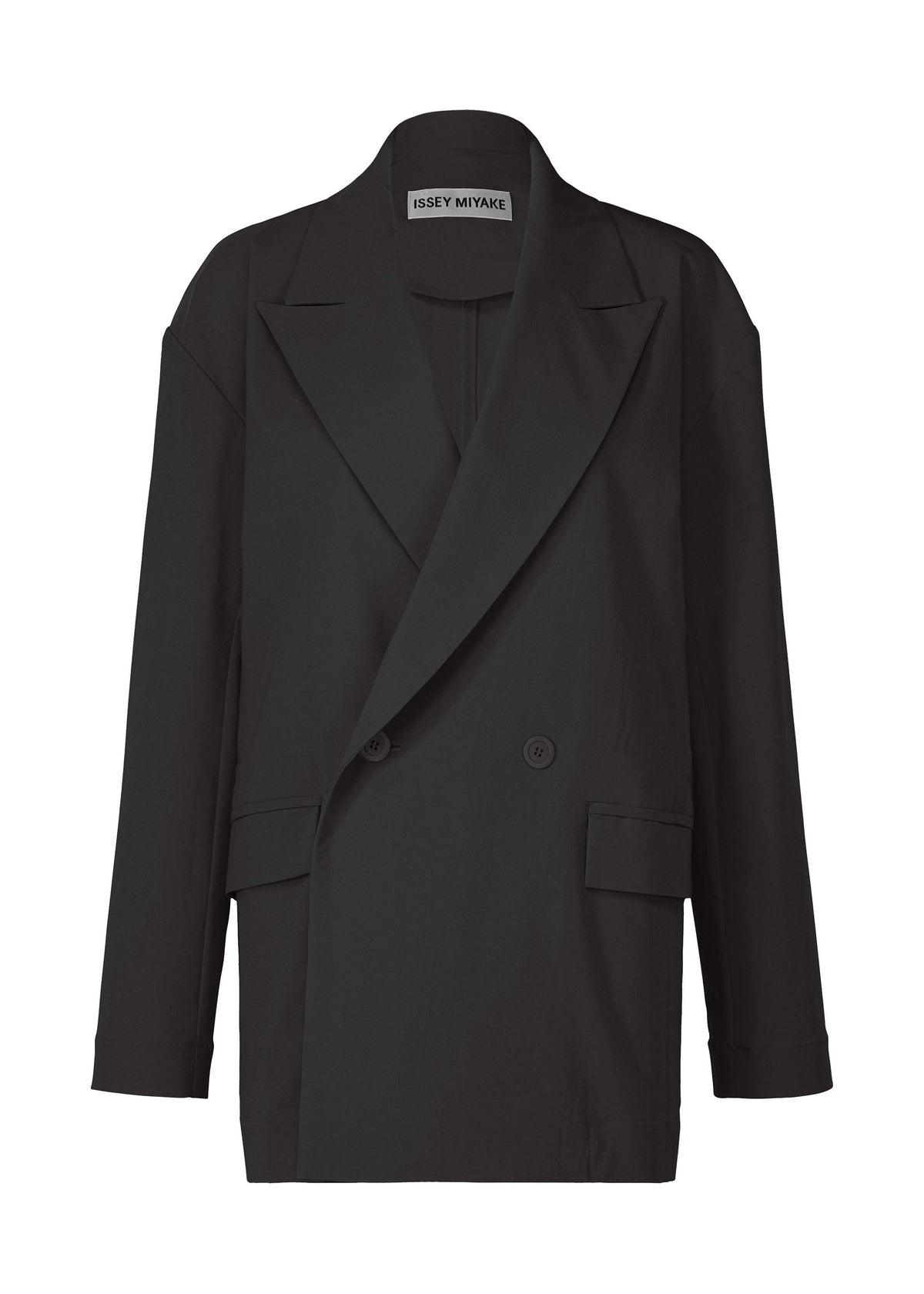 The ISSEY MIYAKE LOOPED jacket is a black double-breasted tailored piece with two front buttons, notched lapels, flap pockets, a visible label inside the collar, and is crafted from comfortable stretch fabric. view 1 of 5
