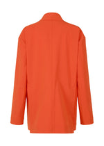 Back view of the LOOPED jacket by ISSEY MIYAKE: orange long-sleeve design with collar and straight hem, crafted in comfortable stretch fabric. Features a relaxed fit and minimal detailing.