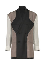 The ISSEY MIYAKE PALINDROME jacket features a stylish double-breasted design with asymmetrical black, beige, and light gray pinstriped panels for a patchwork effect and bold mix of textures.