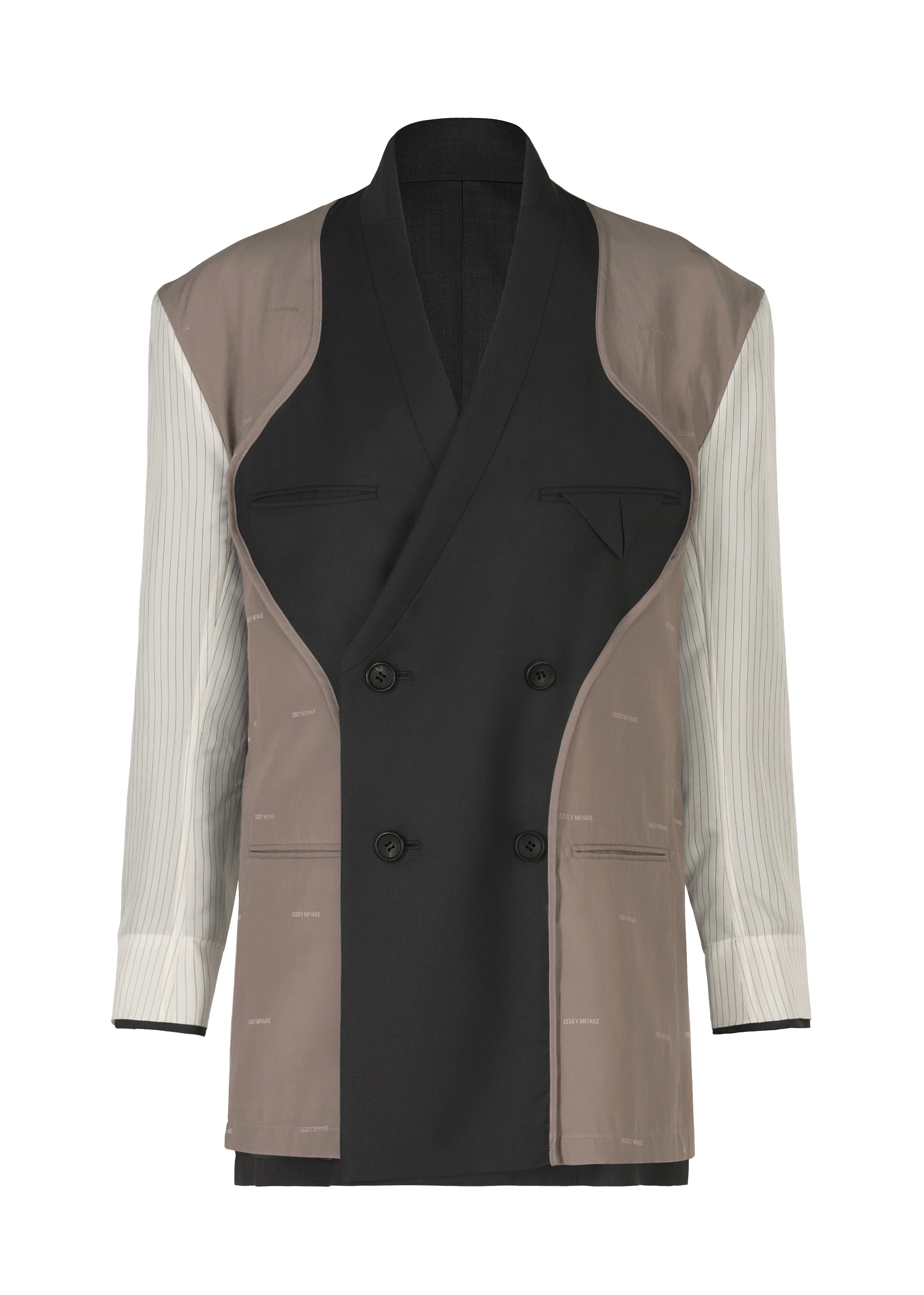 Zoomed view The ISSEY MIYAKE PALINDROME jacket features a stylish double-breasted design with asymmetrical black, beige, and light gray pinstriped panels for a patchwork effect and bold mix of textures.