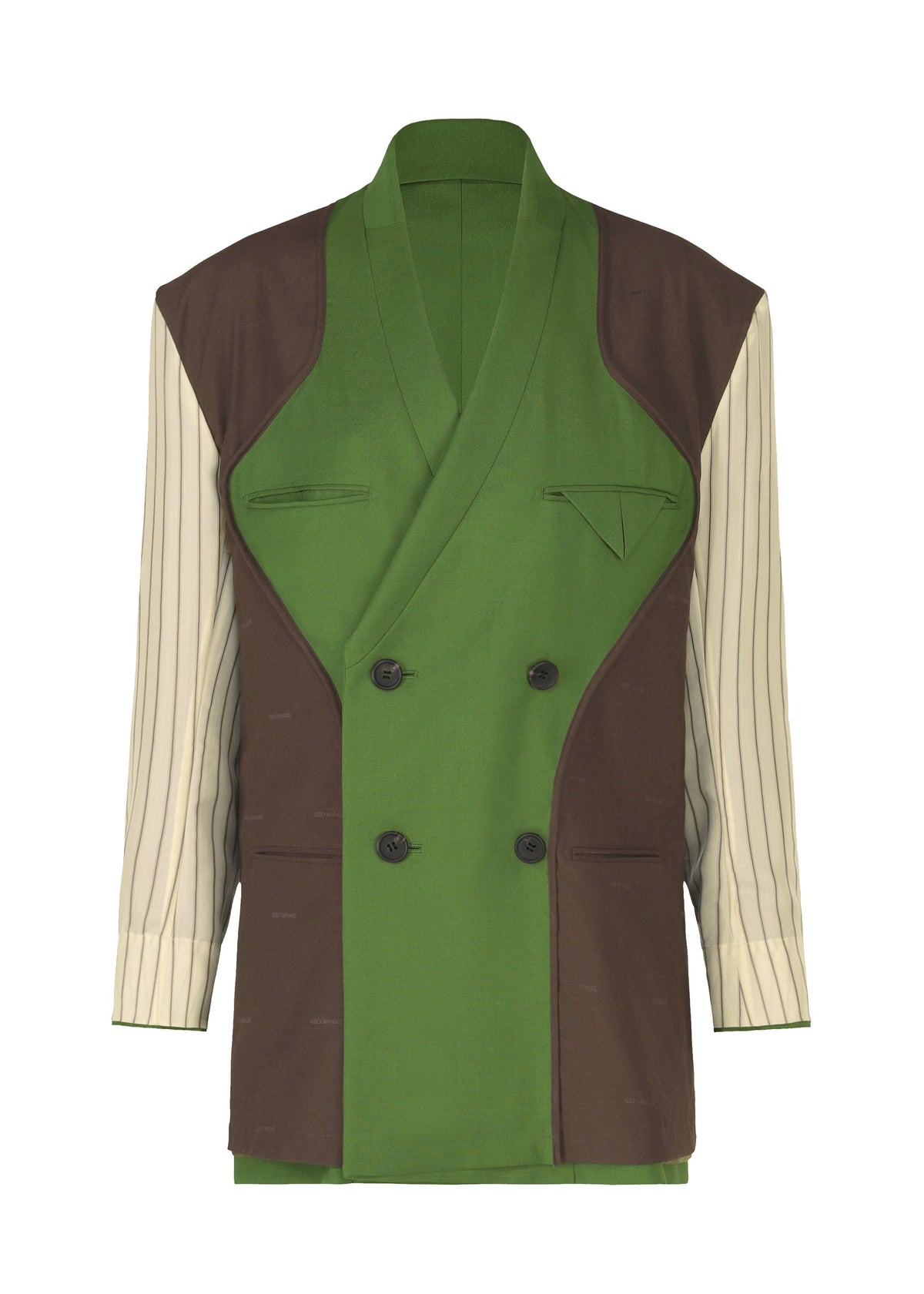 The ISSEY MIYAKE PALINDROME is a unique double-breasted jacket with a green front, brown panels, beige pinstriped sleeves, two front pockets, and an angled chest pocket. view 4 of 15
