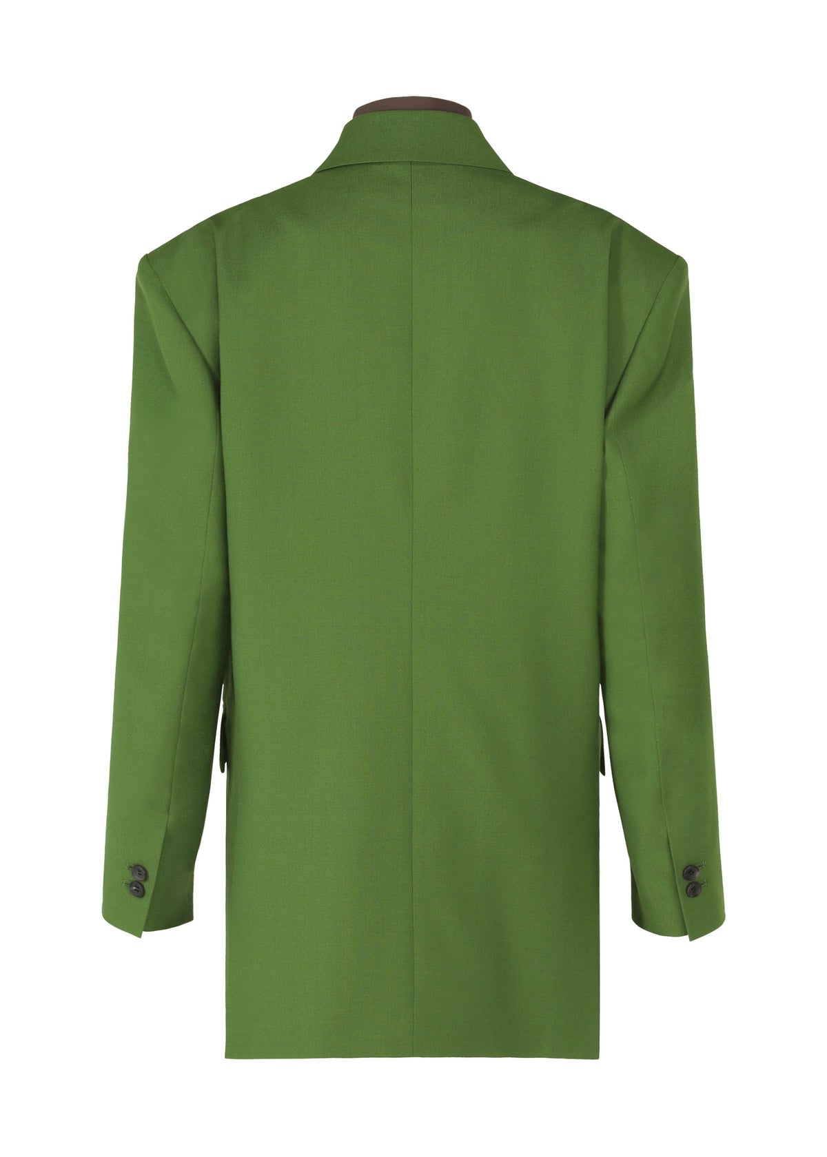 A bright green ISSEY MIYAKE PALINDROME jacket viewed from the back, with long sleeves, a notched collar, dark cuff buttons, smooth fabric, and a structured, tailored fit. view 5 of 15
