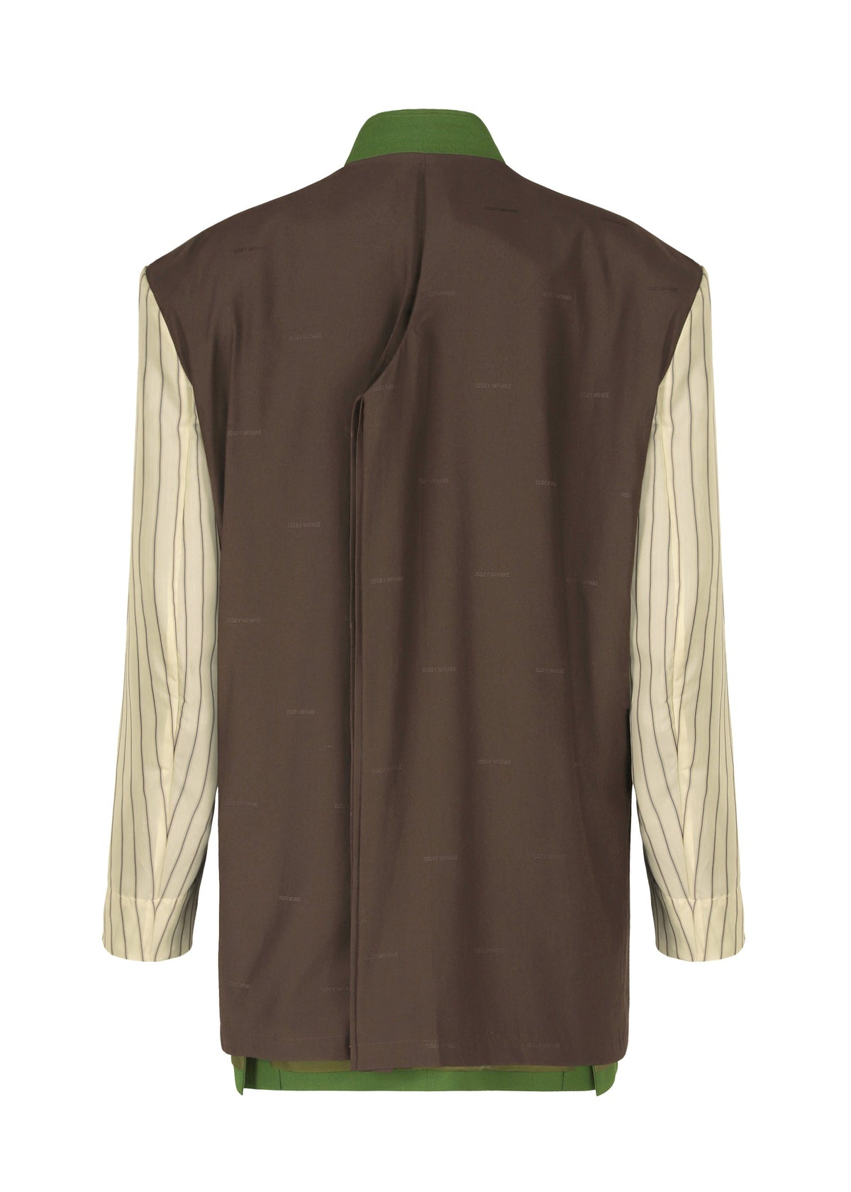 A back view of the ISSEY MIYAKE PALINDROME jacket shows a brown body, vertical beige and gray striped sleeves, green collar and hem accents, and a distinctive off-center vertical seam on the back. view 6 of 15