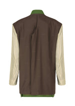 A back view of the ISSEY MIYAKE PALINDROME jacket shows a brown body, vertical beige and gray striped sleeves, green collar and hem accents, and a distinctive off-center vertical seam on the back.
