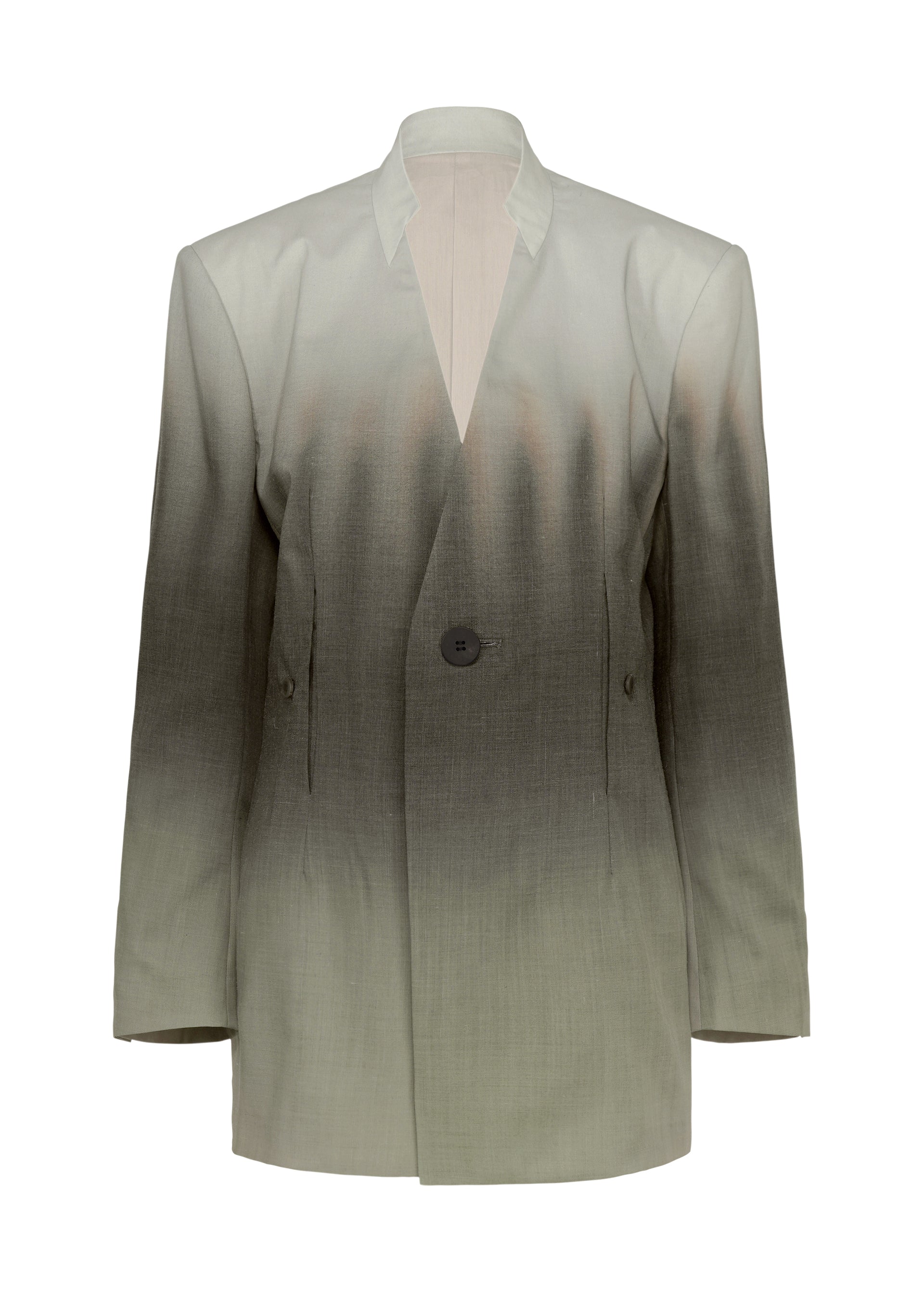 Zoomed view The ISSEY MIYAKE PLUMAGE is a single-breasted blazer with a five-color gradient from light beige to dark gray, featuring a relaxed fit, long sleeves, and one front button.