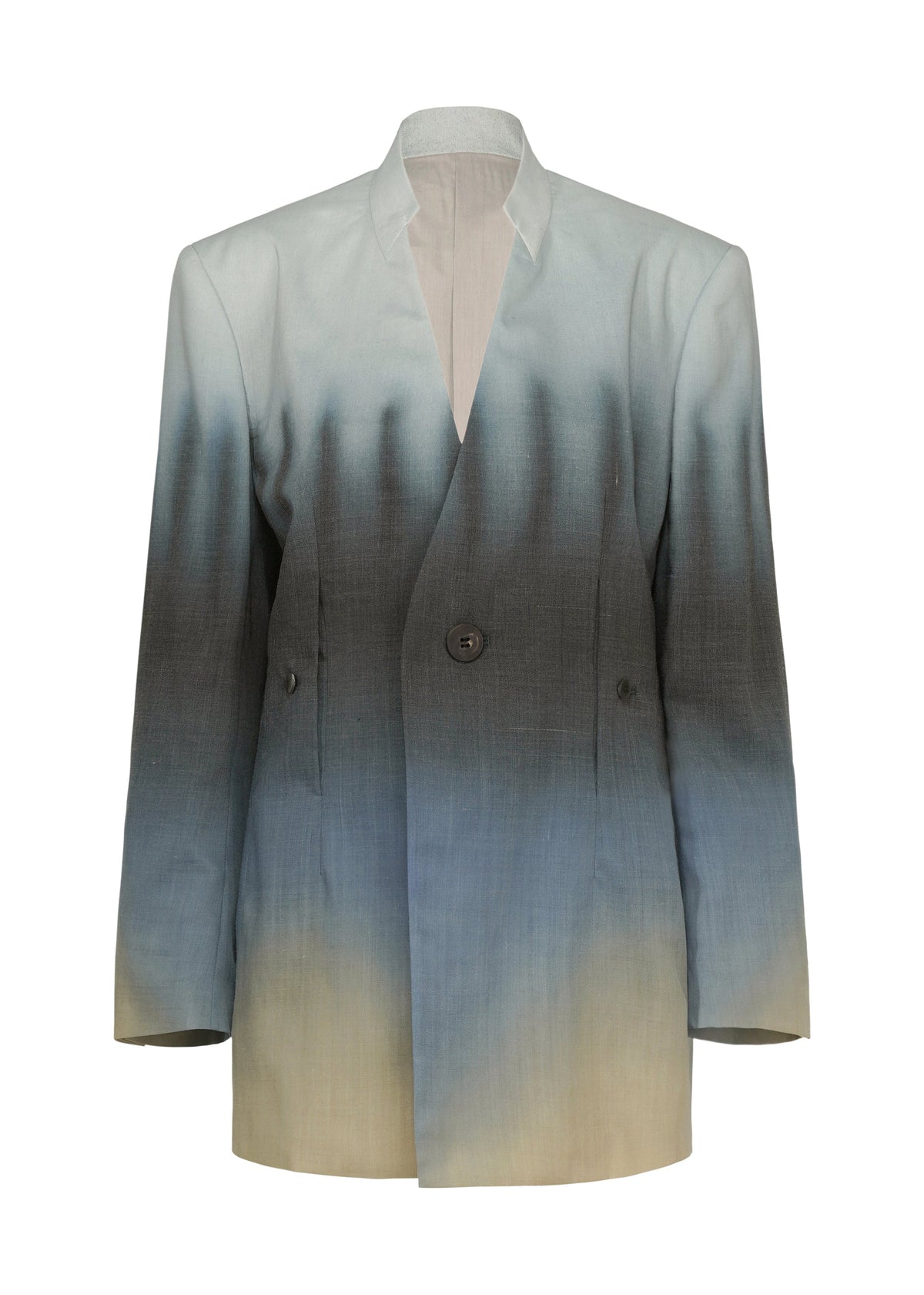 PLUMAGE by ISSEY MIYAKE is a collarless, long-sleeved jacket with a single button, featuring a five-color gradient that transitions from light beige below to dark blue and black above, inspired by hand-painted Kyoto artistry. view 2 of 6