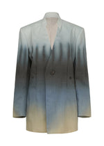 PLUMAGE by ISSEY MIYAKE is a collarless, long-sleeved jacket with a single button, featuring a five-color gradient that transitions from light beige below to dark blue and black above, inspired by hand-painted Kyoto artistry. - STARLING （no.97）