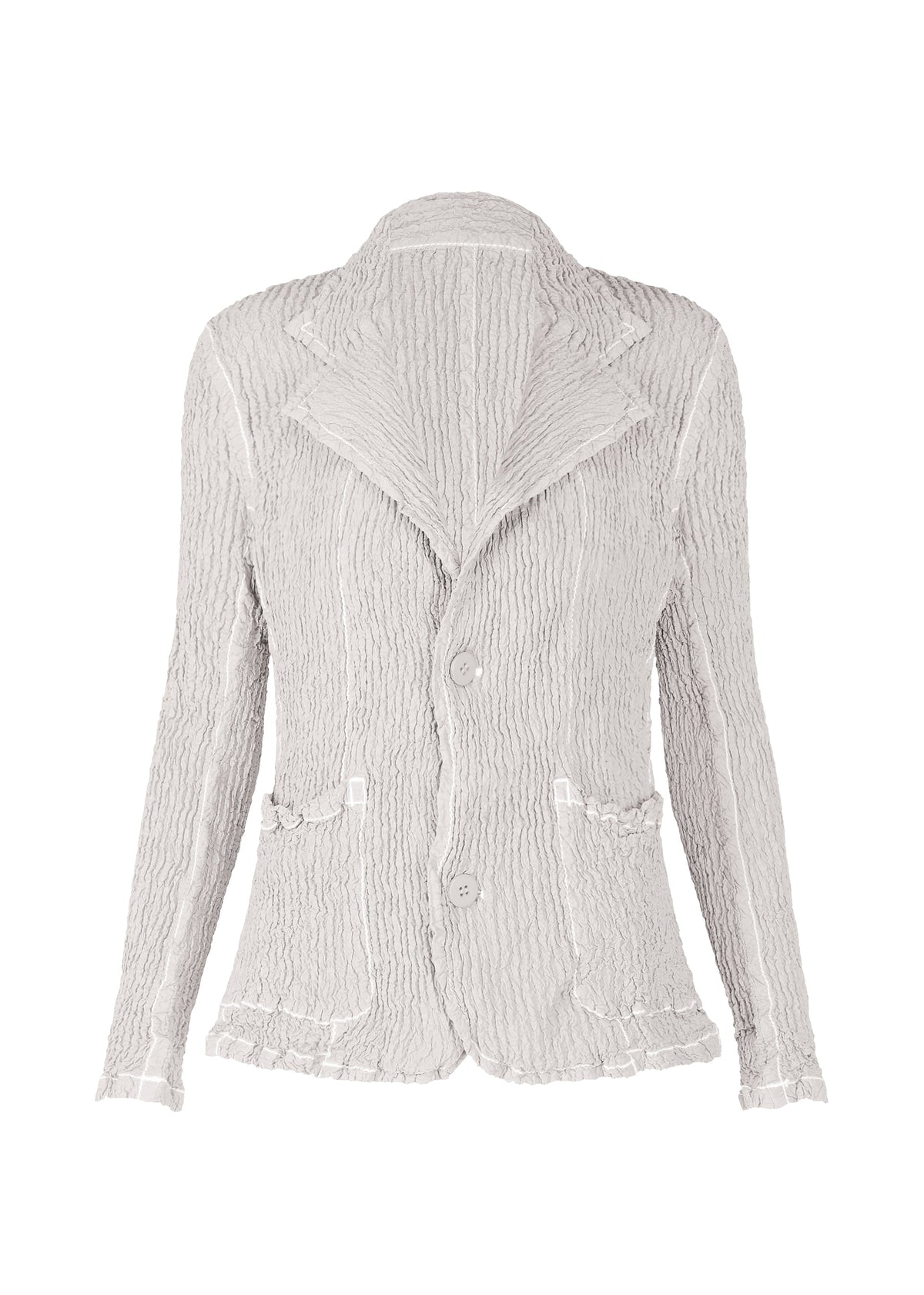The WAVELET ENSEMBLE by ISSEY MIYAKE is a light gray, jacquard stretch blazer with long sleeves, lapel collar, ruched front pockets, and two buttons. Crafted from lightweight polyester and shown against a white background. view 1 of 7