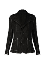The WAVELET ENSEMBLE by ISSEY MIYAKE is a black jacquard stretch jacket with two buttons, notched lapels, front pockets, and visible white stitching outlining the seams and edges. - BLACK (no.15)