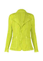 The WAVELET ENSEMBLE women’s tailored jacket by ISSEY MIYAKE features a bright yellow-green crinkled jacquard stretch polyester, long sleeves, notched lapels, two front buttons, and decorative pocket flaps. - PARAKEET GREEN (no.64)