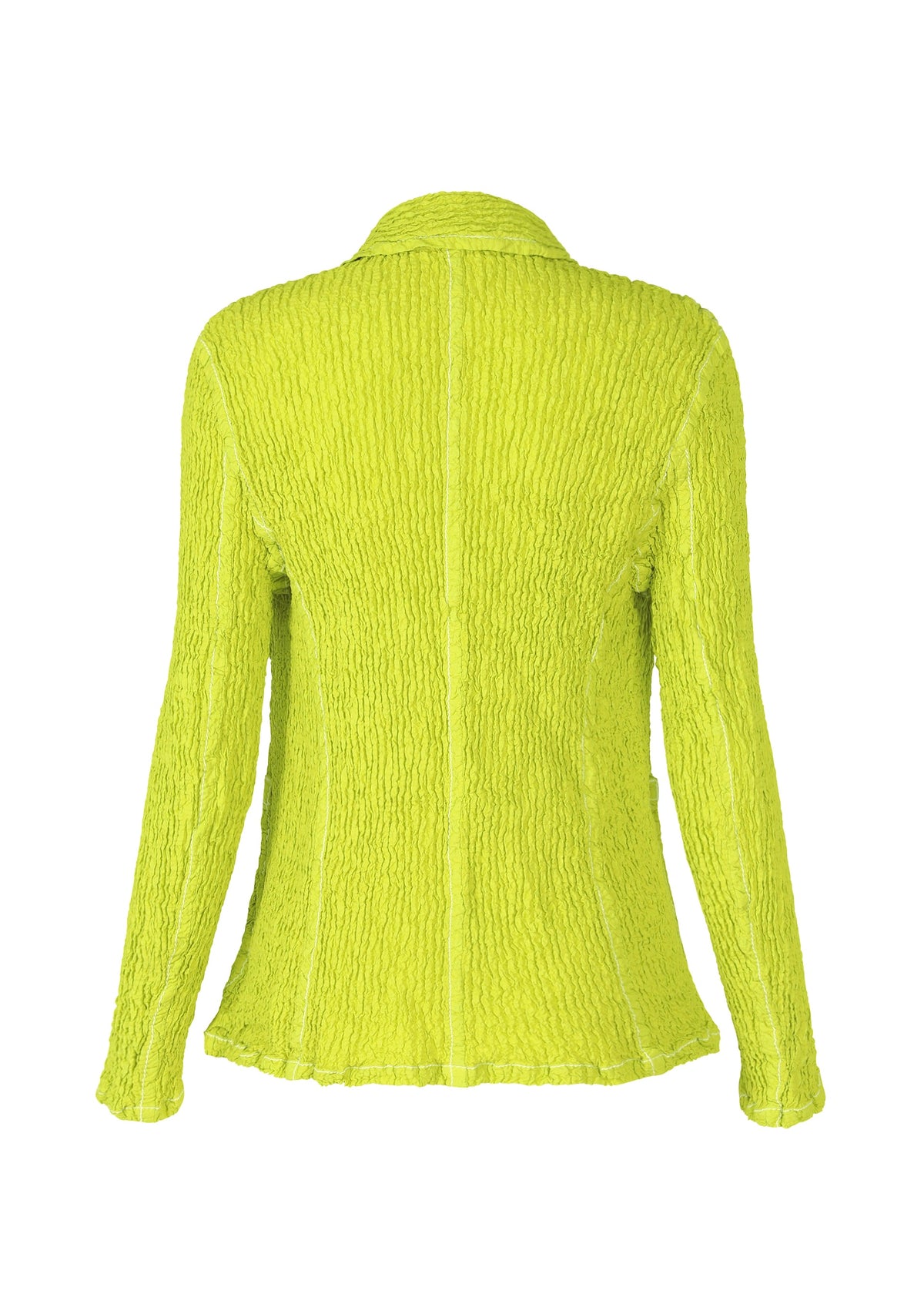 The WAVELET ENSEMBLE by ISSEY MIYAKE is a bright yellow-green long-sleeve tailored jacket in crinkled jacquard stretch fabric, displayed from the back on a white background. view 4 of 7