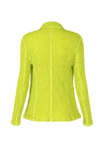 The WAVELET ENSEMBLE by ISSEY MIYAKE is a bright yellow-green long-sleeve tailored jacket in crinkled jacquard stretch fabric, displayed from the back on a white background.