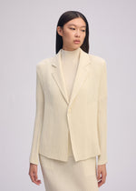 A woman with straight dark hair wears the ISSEY MIYAKE HATCHING PLEATS—a light beige, pinstriped pleated tailored jacket over a matching high-neck top and skirt—standing against a plain background, looking slightly to her left with a neutral expression.